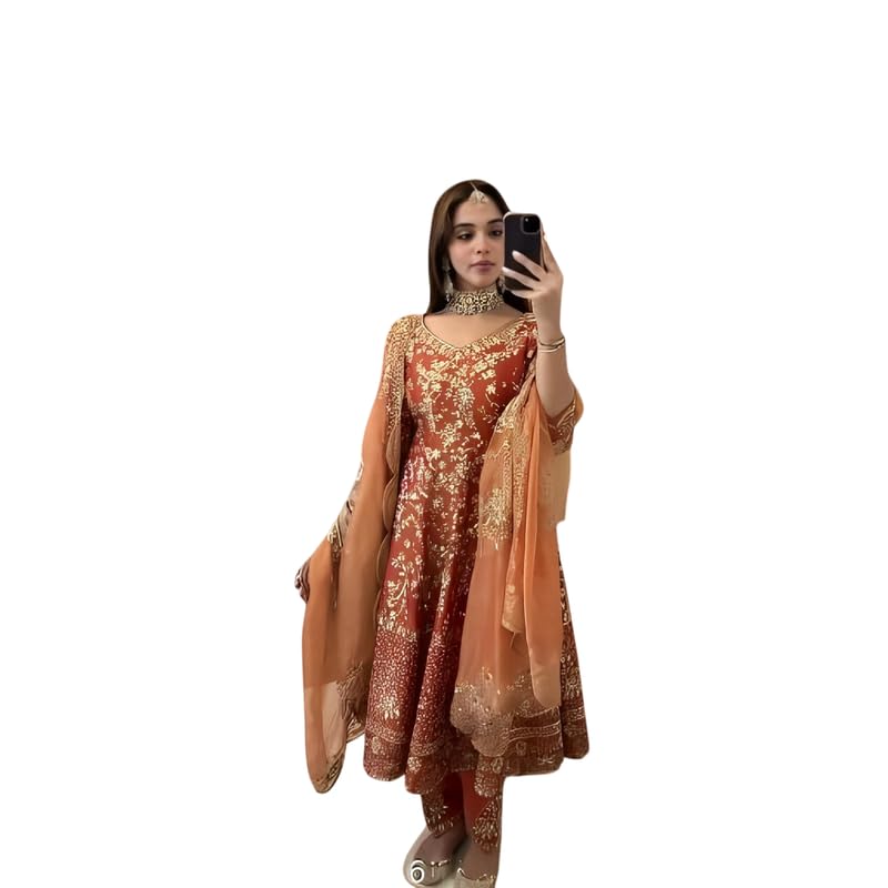 Brulry Women's Orange Color Georgette V-Neck Knee Length Anarkali Kurta Pant With Dupatta