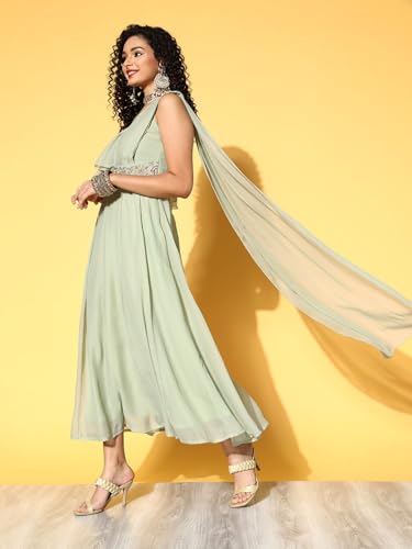 Shae by Sassafras Women's Green Drape Dupatta Anarkali Maxi Dress -S