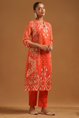 Soch Womens Orange Cotton Ikkat Kurta Set