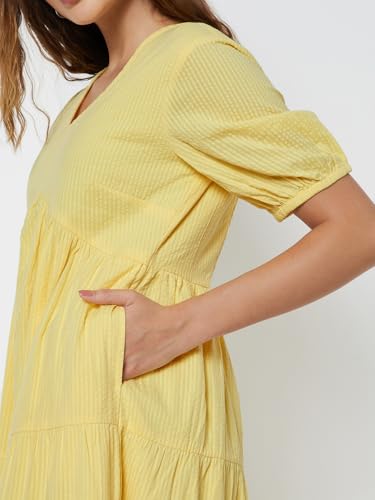 Max Women Striped Tiered Dress (Yellow_XS)