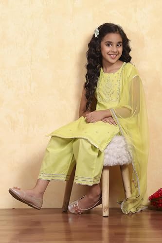 BIBA Girl's Lime Yellow Polyester Straight Printed Suit Set