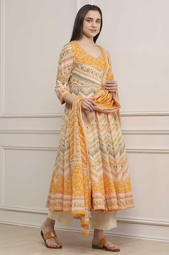 Biba Women Mango Yellow Cotton Printed Anarkali Suit Set_38