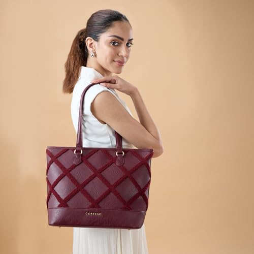 Caprese Athena 15 Inch Laptop Compatible Large Tote Bag for Women | Shoulder Bag with Chenille Embroidery | Multi-Compartment Professional Work Bag with Zipper Closure (Cherry Lacquer)