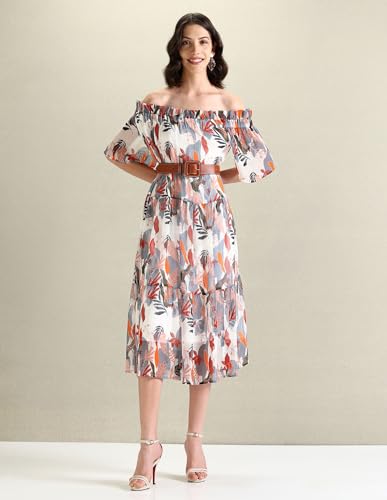 U.S. POLO ASSN. Women's Polyester A-Line Midi Casual Dress (UWSS24DRS132_White, Grey and Red