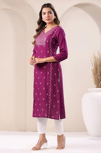 Janasya Women's Purple Rayon Embroidered Straight Kurta (JAA25KR01984-M)
