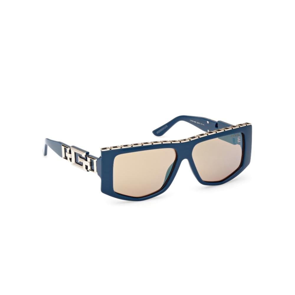 Guess sunglasses| 100% UV protected | Solid Mirror | Full Rim | Pentagon | Women | Large | Shiny Light Gold-Shiny Blue Alloy Metal Frame | Solid Mirror-Brown Lens