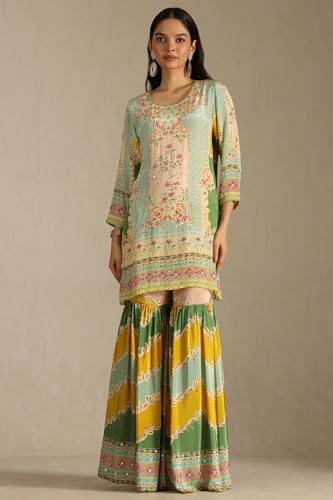 Soch Womens Powder Blue Crepe Floral Print Suit Set With Mirror Work