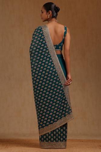 Soch Womens Teal Georgette Embroidered Saree With Stone Work