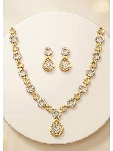 Brado Jewellery Gold Plated Brass Leaf Design American Diamond White Ad Necklace & Earrings Set for Women and Girls | Adjustable Neck Chain Trendy Contemporary Anti Tarnish Western Choker | Party, Wedding and Anniversary (White)