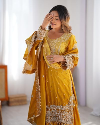LEELI PEERI DESIGNER Women's Chinon Silk Mustard Embroidery Kurta Sharara Set With Dupatta(45PDM6-XL)