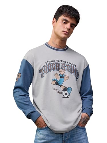 The Souled Store Popeye: Strong to The Finish Men and Boys Long Sleeve Round Neck Grey and Blue Graphic Casual Lightweight Drop Shoulder Streetwear Trendy Oversized Full Sleeve T-Shirt