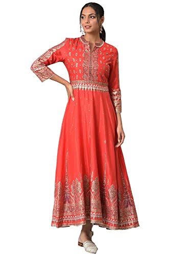 Wishful by W Women's Polyester Tomato Red Festive Mughal Gown Ankle Length Dress (22AUS11107-118800