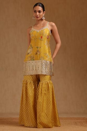 Soch Womens Yellow Chinon Botanical Print Suit Set With Sequins