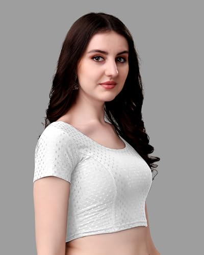 Kipzy Women's Cotton Stretchable Saree Blouse – Round Neck, Short Sleeves, Readymade Slim Fit Blouse for Women (White, 28)