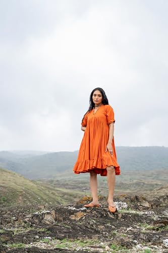 MIORAH Ethnic Dress for Women and Girls, Western Slub Cotton V Neck One-Piece for Women’s, Stylish Oversized Half Sleeve Midi Dress, Hand Embroidery with Metal Sequins (Colour- Orange, Size- 3XL)