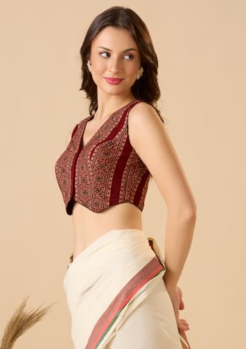 S SALWAR STUDIO Waistcoat Pattern Ajrakh Sleeveless Readymade Blouse Maroon