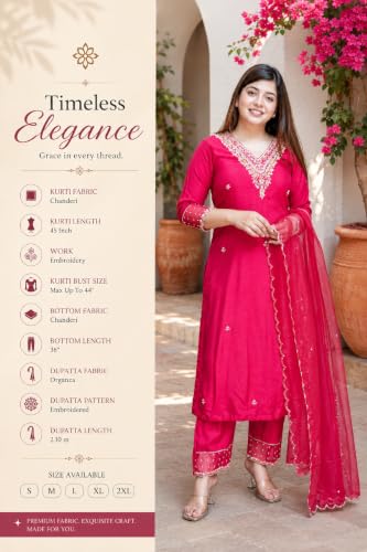 Women's Chanderi Embroidered Kurta Set With Dupatta And Pant