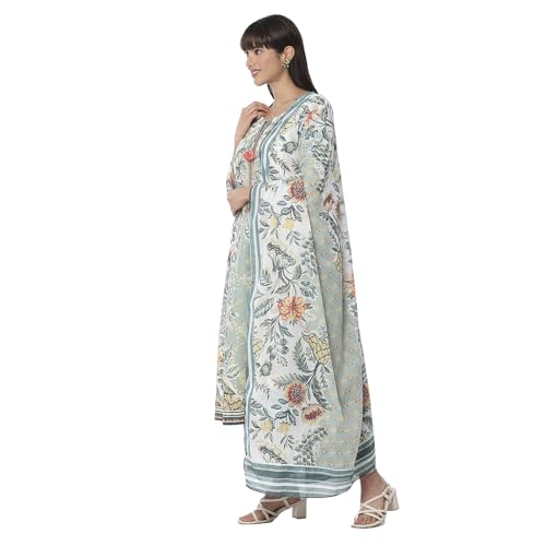 Biba Women Sage Green Pure Cotton Floral Kalidar Suit Set_46