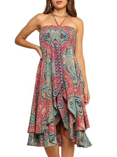 KE KANHA EXPORTS Convertible Dress|Boho Dress for Women|Beach Wear |Border Print 3 Way Tube Halter Skirt Style|Multicolor|Easily fits S-M-L|Bust 28-46 Inches Length 38 Inches