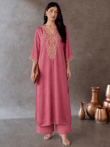 Varanga Women Kaftan Kurta Trousers Set V Neck Short Sleeves Silk Blend