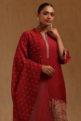 Soch Womens Maroon Chanderi Solid Suit Set With Zari