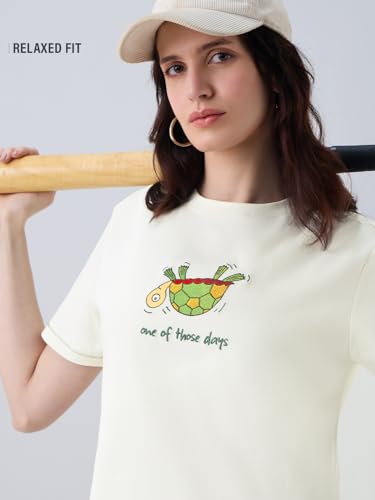 The Souled Store Pets On Prints: Women and Girls Short Sleeves Round Neck Off-White Embroidered Cotton Relaxed Fit Lightweight Everyday Streetwear T-Shirt