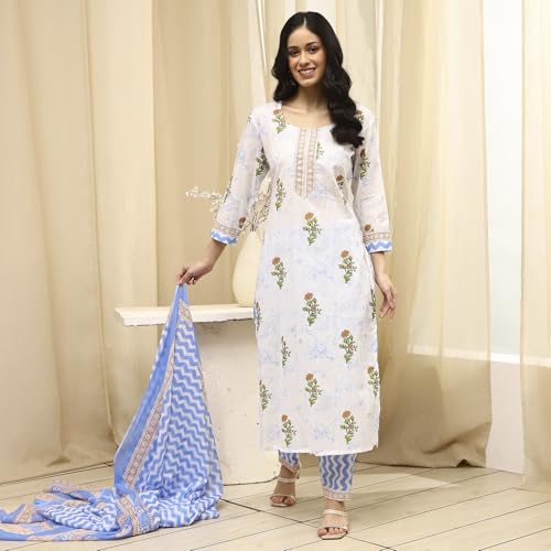 BIBA Women White Cotton Screen Print Unstitched Suit Set_FREE SIZE