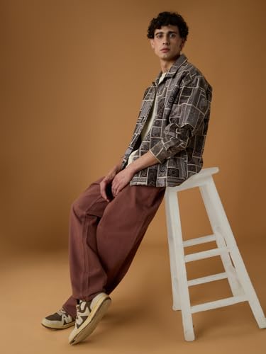 The Souled Store Nomad: Spirit Men and Boys Full Sleeves Spread Collar Brown and Beige Geometric Printed Cotton Lightweight Everyday Oversized Shackets