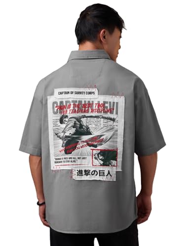The Souled Store Attack On Titan: Captain Levi Men and Boys Short Sleeve Spread Collar Grey Embellished Trendy Lightweight Drop Shoulder Casual Cotton Oversized Shirt