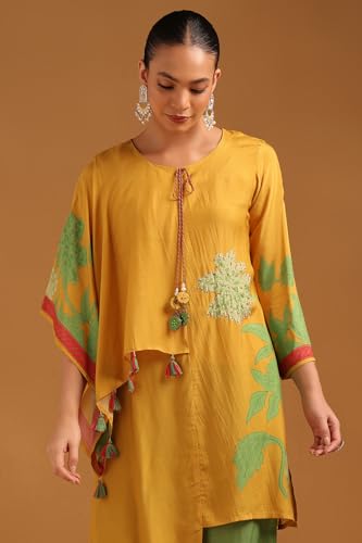 Soch Womens Mustard Muslin Botanical Co-ord Set With Hand Embroidery and Cutdana Details