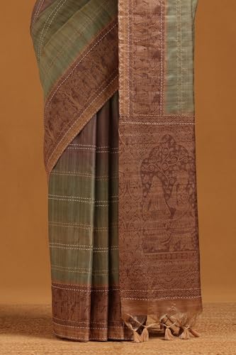 Soch Womens Light Green Tussar Ethnic Motifs Saree With Kantha Embroidery