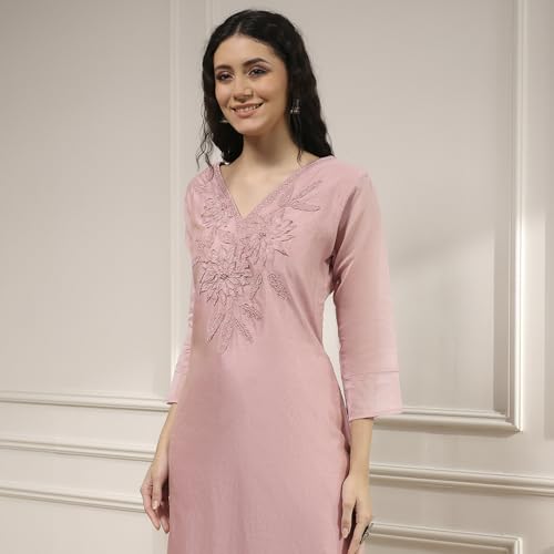 Biba Women Dusky Pink Chanderi Applique Unstitched Suit Set_FREE SIZE