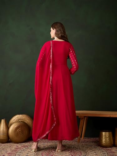 Miss Ethnik Women's Pink Faux Georgette Stitched Top with Unstitched Santoon Bottom and Faux Georgette Dupatta Full Sleeve Embroidered Anarkali Gown (MEY-1106-Pink-XL)