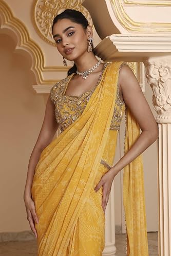 Biba Women Yellow Poly Georgette Digital Printed Gown Saree_38
