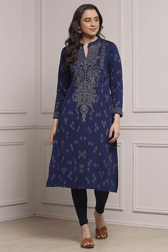 Biba Women Navy Polyester Straight Yarndyed Kurta_32