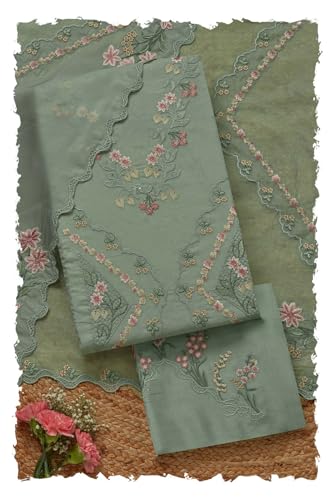 Soch Womens Turquoise Blue Organza Shimmer Embroidered Unstitch Dress Material With Thread Work