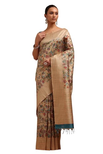 Soch Womens Beige Chanderi Kalamkari Saree With Thread Work