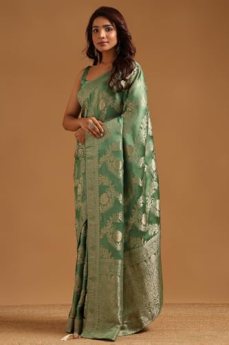 Soch Womens Olive Satin Botanical Zari Woven Saree