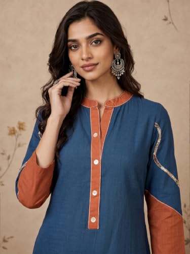Varanga Women Blue With Rust A Line Kurta Trousers Set Mandarin Collar