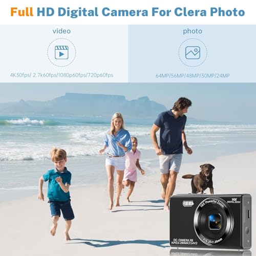 CAMKORY Digital Camera, FHD Kids Cameras for Photography, 4K 44MP Compact Point and Shoot Camera for Kids, Teens and Beginners with 32GB SD Card, 2 Rechargeable Batteries, Gray