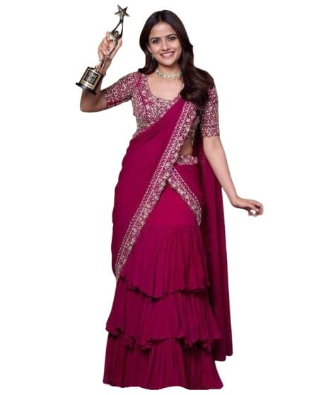 infabzon Ready To Wear Western Drape Lehenga Choli Set For Women Georgatte Fabric On 3 Layer Rufeel Embrodery Sequance Work Fully Stitched (Gajari, XL)