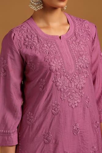 Soch Womens Purple Chanderi Floral Tunic with Thread Work