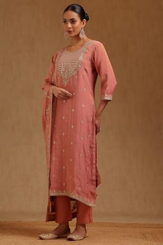 Soch Womens Peach Tissue Embroidered Suit Set With Zari