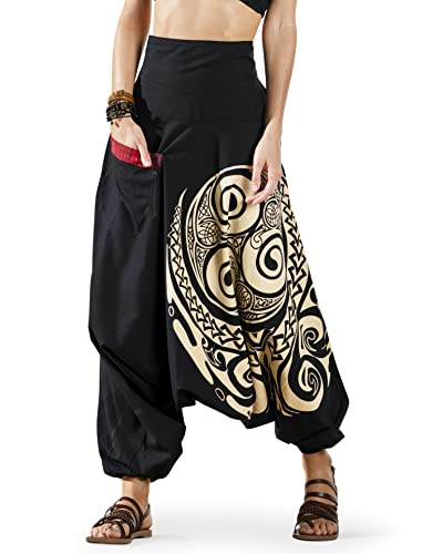 The Veshti Company High Rise Low Crotch Printed Cotton Yoga Harem Relaxed Pants For Women's, Hippie Style Baggy Palazzo Pant, Lunar Rift Black-Beige, M