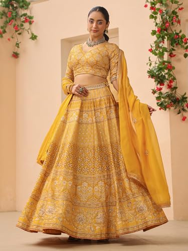 Woman's Elegant printed mustard yellow lehenga choli