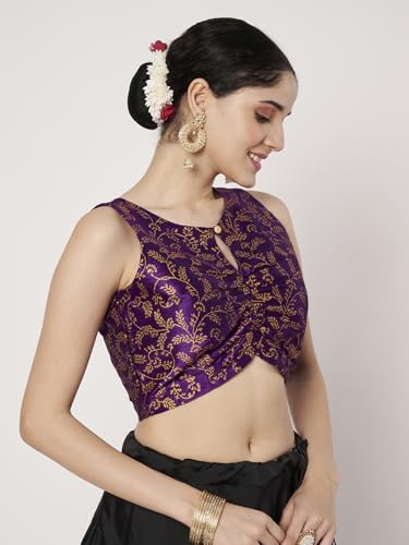 studio rasa Women's Dupion Hand Block Printed Readymade Blouse for Festive Wedding Party (TPWC725BL85XL_Purple-2_X-Large)