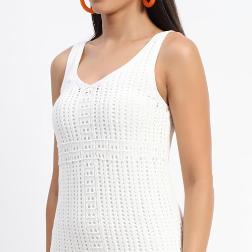 Madame V Neck Crochet Off White Knitted Dress