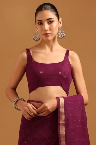 Soch Womens Wine Organza Woven Design Saree With Sequin
