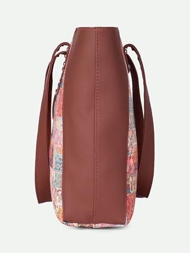 ZOUK Kutch Gamthi Abstract Printed Women Jute Vegan Leather Multicolor Side Tote Bag For Ladies With Double Handle