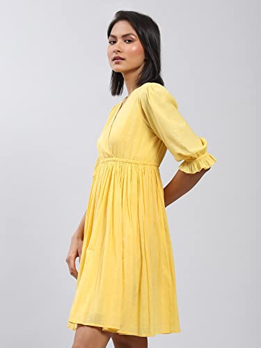 Label RITU KUMAR V Neck 3/4 Sleeves Solid Short Dress Yellow